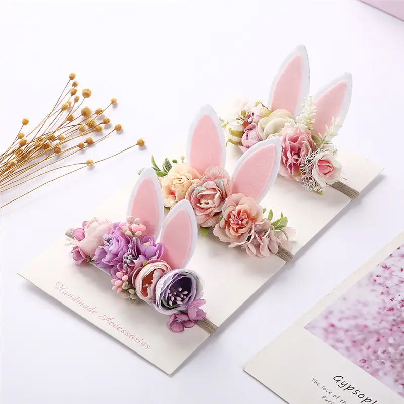 Rabbit Ear Artificial Flower Baby Headbands Handmade Easter Girls Hairbands Fashion Hair Accessories
