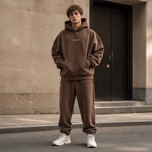 Heavyweight Cotton Tracksuit Set Hoodie &amp; <strong>Jogger</strong> Washed <strong>Brown</strong> Oversized Streetwear 2-Piece Custom Logo for Men MOUNTNEVE Oem Odm - Product Image 3