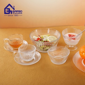 Taza y platillo de vidrio <span class=keywords><strong>H</strong></span> Line de rayas verticales hechas a máquina de alta calidad, juegos de té y tazón de taza de helado de vidrio para uso en restaurante doméstico - Product Image 1