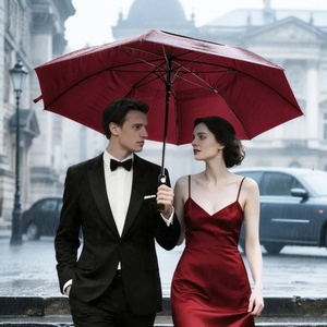 Burgundy Golf Umbrella Metal <b>Frame</b> Windproof Waterproof Automatic Open 120cm <b>Large</b> 8 Ribs Long Handle Silver Button Red Strap - Product Image 2