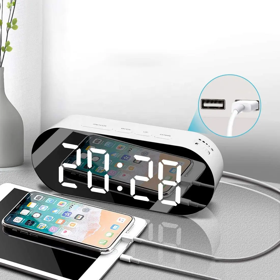 Цифровой зеркальный будильник с диммером, большой светодиодный дисплей с двумя USB-портами для зарядки, Повтор сна, украшение для спальни