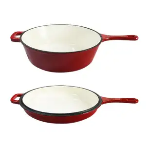 Enamel Cast Iron 2 In 1 Skillet Set Heavy Duty 3.2 Quart Cookware Pot and Lid Set Deep Saucepan and Shallow Skillet Dutch Oven