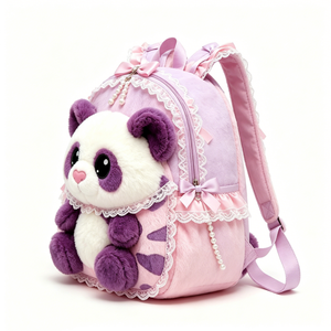 Customized Lolita Style Panda Plush <b>Backpack</b>, Pink & Purple Fluffy <b>Kids</b> School Bag with Lace, Bows & Pearl Details - Product Image 4