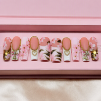 Kuku Palsu Bentuk Kotak Panjang Sedang Buatan Tangan Custom Press On Nails Kuku Akrilik Tebal Dengan Bunga 3D Kuku Buatan