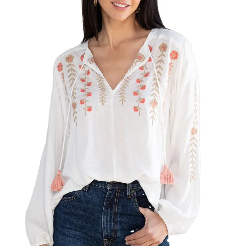 OEM women bohemian peasant rayon blouse vintage floral embroidered long sleeve top STB9054A