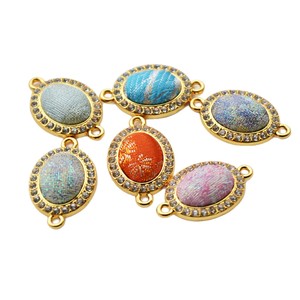 Oval Brocade Pendant <b>Copper</b> Plated 18k Gold Colorful Fabric Inlay For <b>Bracelet</b> Making Jewelry Findings Components - Product Image 5