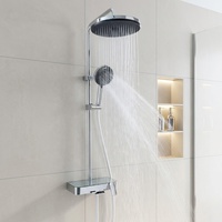 Ensemble de douche thermostatique à commande par bouton-poussoir COMO, douche à effet pluie, robinet de douche à 3 fonctions, système de mitigeur mural avec étagère