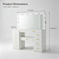 Table de maquillage moderne éclairée avec miroir et tiroirs, plateau en verre, pour chambre à coucher, vente en gros