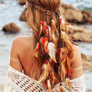 Fascia per capelli con piume bohémien fascia per capelli zingara indiana con nappe di piume di canapa Costume Hippie piuma di capelli indiani