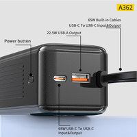 Batería Externa Aspor A362, la Más Vendida, con Carga Rápida de 65W, 20000mAh, Doble USB, para Teléfono Inteligente, con Cables Integrados