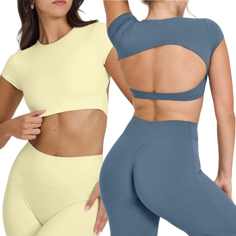 Women's Breathable Short Sleeves T-shirt Fitness Yoga Round Neck Quick Drying Cropped Top Gather High Stretch Workout Shirts
