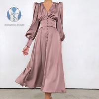 Robe longue en satin couleur unie de style français avec manches lanternes, idéale pour les vacances, les rendez-vous et les fêtes – Vente en gros usine, personnalisable
