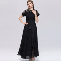Robe longue élégante noire classique pour femme, col rond, manches courtes, appliqués, unie, en dentelle crochet soluble dans l'eau, idéale pour l'été