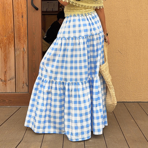 Falda Larga Maxi a Cuadros con Cintura Natural, Estilo Casual de Playa para Vacaciones de Verano - Product Image 2