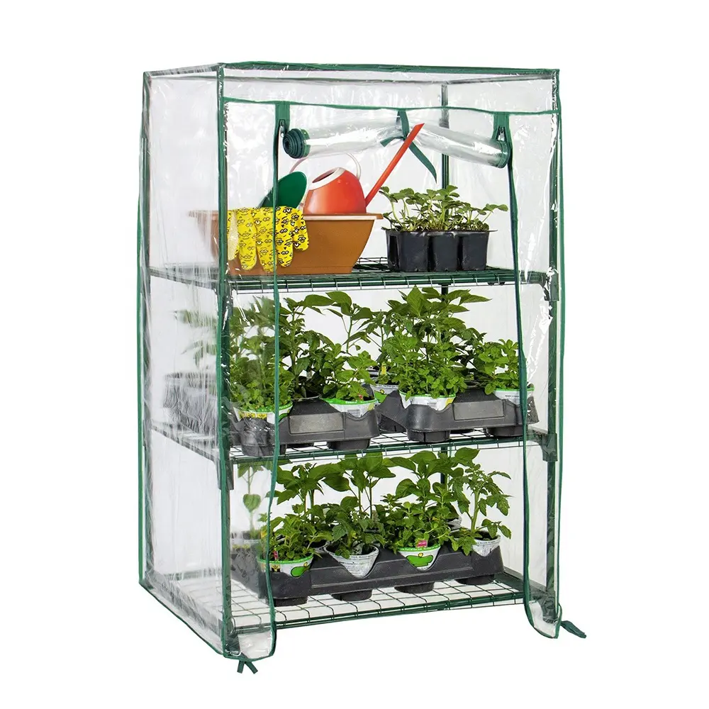 Vertak 3 Tier Indoor Outdoor Mini Metalen Rekken Groene Container Pvc Waterdichte Draagbare Tuin Kas