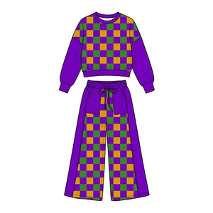 Pre-ordenar Conjunto de 2 Piezas para Niñas Pequeñas con Diseño de Mardi Gras: Top de Manga Larga + Pantalones Anchos, Ropa Casual de Boutique - Product Image 5