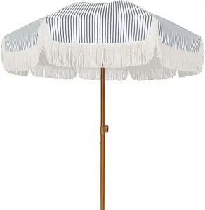Large Size 2.1 Meter 7 FT Outdoor Beach Leisure Sun Shade Set Wood Tassels Patio Umbrella With Fringe For Picnic Blanket