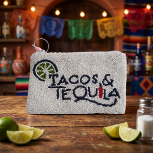 Sac fourre-tout mini brodé et perlé Tacos & Tequila, pochette carrée décontractée promotionnelle, en toile multicolore avec fermeture éclair, marque Jaunty - Product Image 1