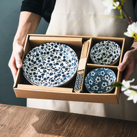 Ensemble de vaisselle en céramique, bols et assiettes ronds rétro en céramique, porcelaine bleue et blanche, emballage en boîte cadeau, vente en gros