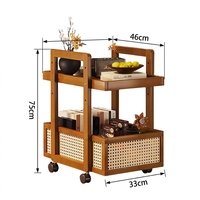 Chariot de service vintage OEM à 2 niveaux en bambou avec tressage en rotin, chariot de rangement mobile pour cuisine et salon sur roulettes, élégant chariot de bar