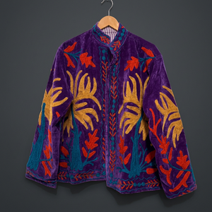 Blazer Floral Bordado en Terciopelo Morado, Cuello Mao, Manga Larga, Ropa de Abrigo Otoñal para Mujer, Estilo Boho Hecho a Mano - Product Image 5