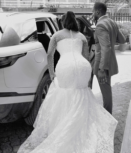 Africano Aso Ebi 2024 <span class=keywords><strong>vestido</strong></span> de novia de sirena blanca cuello transparente mangas completas perlas con cuentas Vintage elegante vestidos de novia <span class=keywords><strong>vestido</strong></span> - Product Image 4