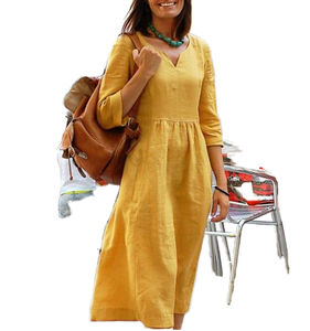 Vestido Midi de Algodón y Lino Tejido Estampado, Casual, Otoñal, Talla Grande, Lavable y Ecológico, para Mujer, 5XL - Product Image 1