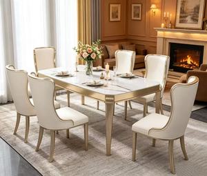 Juego de Comedor de Lujo con Mesa de Mármol, 6 Plazas con Sillas de Cuero Crema y Estructura Dorada - Product Image 3