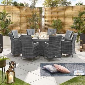 Outdoor Tuin Patio Vuurkorf Meubels Sets Rieten 8 Seat Vuurkorf Gas Dining Set Met 1.8M Ronde Fire pit Tafel