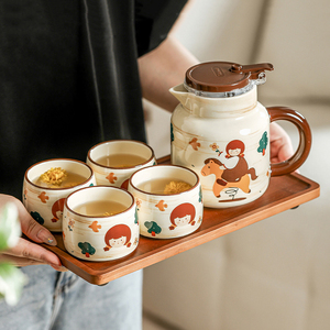 Wholesale <b>Tea</b> Infuser <b>Pot</b> and Cup <b>Set</b> Cute Ceramic <b>Tea</b> <b>Set</b> with Wooden Tray - Product Image 4