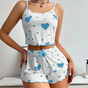 IStapromo Gifts Women's Sexy Knitted Sleepwear <b>Set</b> with Heart-shaped Printed Suspender Shorts Two-piece <b>Set</b> - Product Image 2