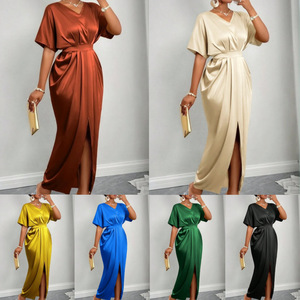 Tinta unita satinato <span class=keywords><strong>con</strong></span> scollo a V a maniche corte e <span class=keywords><strong>spacco</strong></span> elegante gonna lunga per <span class=keywords><strong>abito</strong></span> da donna - Product Image 1