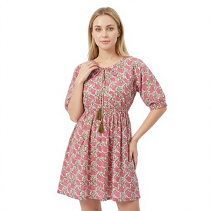 Vestido Vintage con Estampado Floral, Corte en A, Media Manga, Largo por Encima de la Rodilla, 100% Algodón, Transpirable, para Playa o Verano - Product Image 1