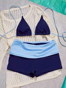 Conjunto de Bikini Triangular Halter de Color Sólido para Mujer, Traje de Baño de Dos Piezas con Tiras en la Espalda y Pantalones Cortos Tipo Boyshort, Ropa de Playa - Product Image 2