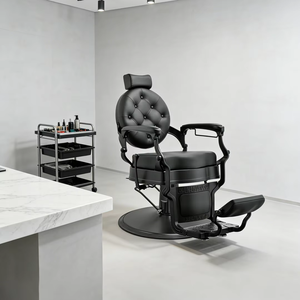 Muebles Modernos para Salón de Belleza, Silla de Peluquería Ajustable de Cuero Negro Completo, Base Redonda de Lujo, Silla de Estilismo Reclinable - Product Image 1