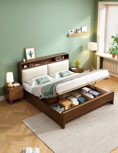 Cadre de lit en bois massif de haute qualité avec tête de lit de rangement, lit rembourré avec étagère pour mobilier de chambre - Product Image 5