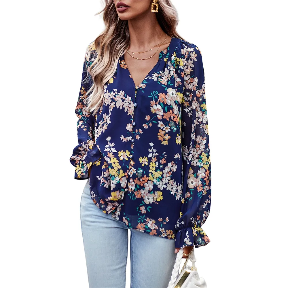 Camicette da donna mature con scollo a V camicie a tunica a maniche lunghe Casual stampate floreali balle di camicetta