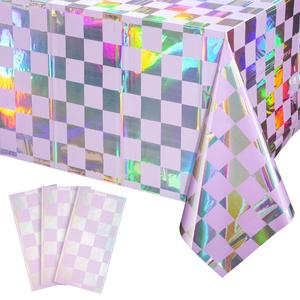 Iridescent Checkered PE Plastic Shiny Reusable Table Cover for Wedding Birthday Party Decorations <b>Tablecloth</b> - Product Image 1
