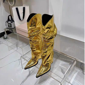 Bottes classiques pour femmes, mode été-automne, hauteur genou, métalliques brillantes, froncées, à bout pointu, talon bloc épais, en PU, à enfiler, respirantes - Product Image 5