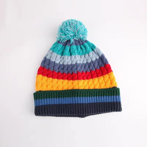 Bonnet d'hiver tricoté pour enfants, personnalisé, coloré, à rayures arc-en-ciel, chaud, avec pompon, vente en gros - Product Image 3