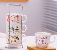 Ensemble de 4 tasses à café empilables de 170ml avec support, support durable et élégant, y compris métal, camping, céramique blanche, style américain