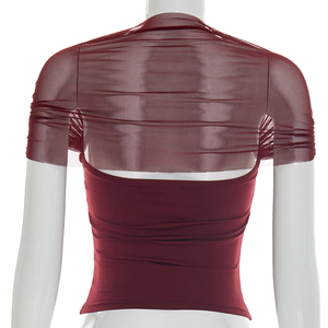 Viviblook Y26TP081 Camiseta de primavera y verano para mujer, nueva camiseta informal sencilla con empalme de malla y manga corta para mujer - Product Image 4