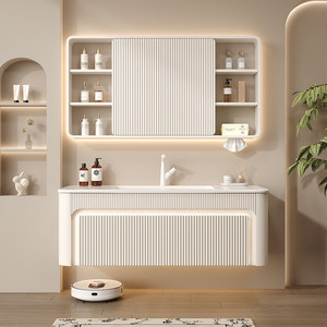 Concealed Smart Feng Shui <b>Mirror</b> Cabinet with Integrated Ceramic Basin Sliding <b>Mirror</b> French Cream-Style Oak Bathroom Vanity - Product Image 2