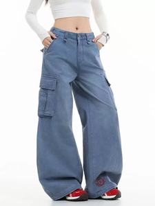 Jeans Cargo da <span class=keywords><strong>Donna</strong></span> a Gamba Larga, Lavaggio Chiaro, Multi Tasche, Vestibilità Comoda, <span class=keywords><strong>Pantaloni</strong></span> in Denim per Streetwear e Uso Quotidiano - Product Image 1