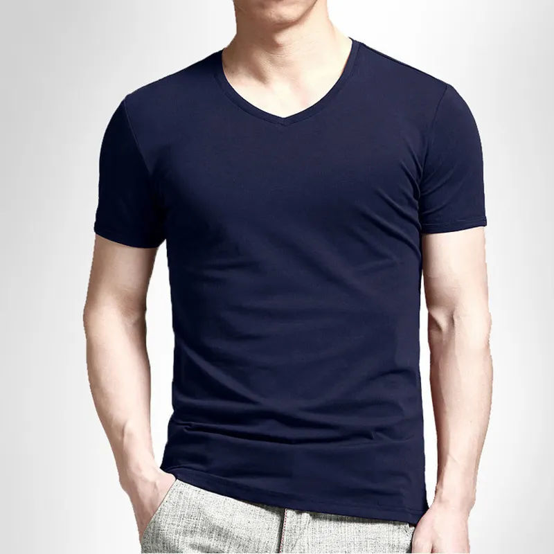 Camiseta masculina de manga curta slim fit de cor sólida com gola V, camiseta casual de verão de alta qualidade em branco lavada