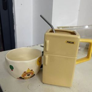 Custom LOGO 550ml Retro Fridge-shaped <b>Ceramic</b> Coffee Mug with Lid Straw Special-Shaped <b>Cup</b> for Office Home Unique Creative Gift - Product Image 5