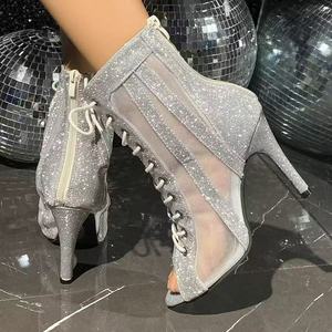 <span class=keywords><strong>รองเท้า</strong></span>เต้นรำแจ๊สละตินสีเงินเงา 10 ซม. ราคาถูกที่สุด แบบตาข่ายผูกเชือก สำหรับเต้นบอลรูม โมเดิร์น ซัลซ่า ฝึกซ้อม และสอนเต้น - Product Image 2