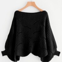 Pull pour femme à manches lanternes, pull ample ajouré pour femme, chemise chauve-souris, automne et hiver