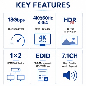 4K60Hz 1X2 <span class=keywords><strong>HDMI</strong></span> <span class=keywords><strong>Splitter</strong></span> 1 IN 2ออกเครื่องขยายเสียงกระจายกับ HDCP 2.3 HDR10 + CEC EDID SPDIF <span class=keywords><strong>Arc</strong></span> - Product Image 4