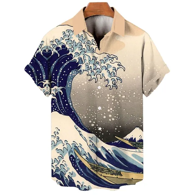 레트로 오션 웨이브 3d 인쇄 남성 하와이 셔츠 캐주얼 느슨한 패션 여름 남성 셔츠